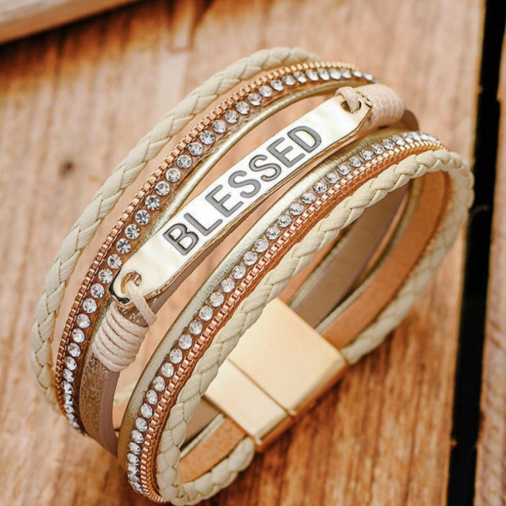Blessed Rhinestone Leather Layered Bracelet - Picture 2 of 6